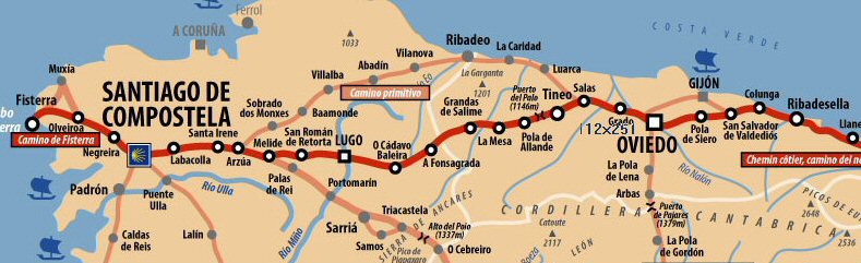 Camino Primitivo en Camino Fisterra op de kaart